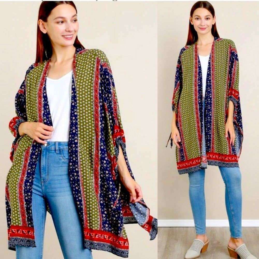 Blue, red and green Bohemian kimono bandanna pattern.  100% rayon